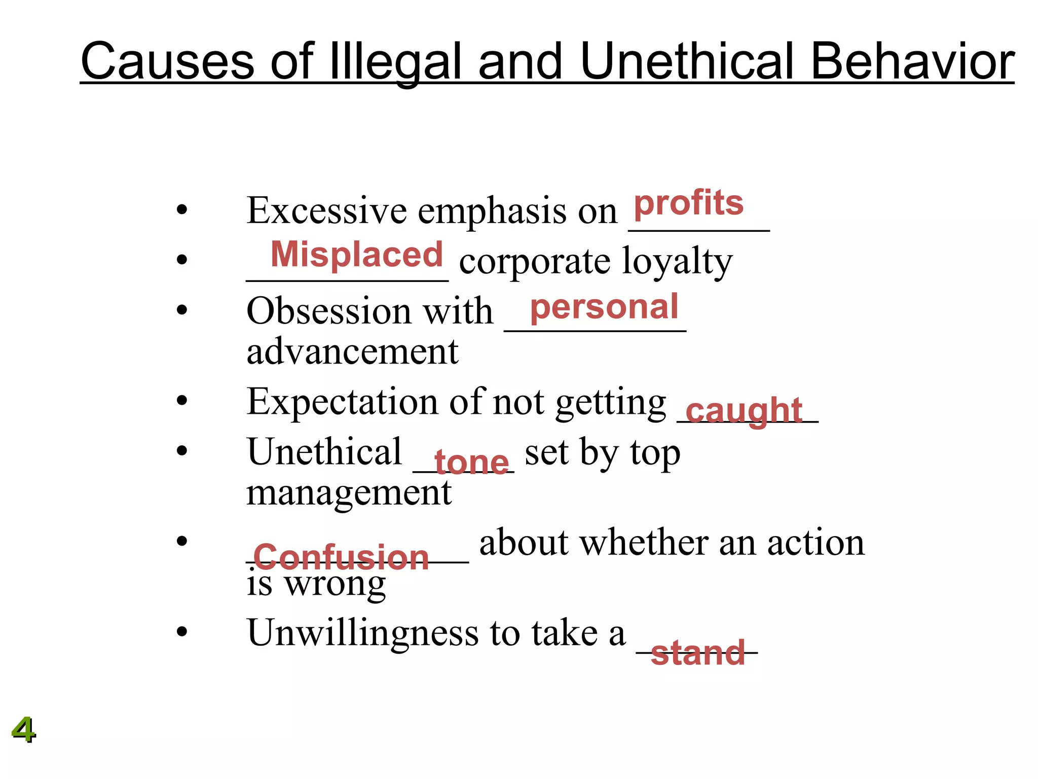 Causes of Illegal and Unethical Behavior Excessive emphasis on _______ __________ corporate loyalty Obsession with _________ advancement Expectation of not getting _______ Unethical _____ set by top management ___________ about whether an action is wrong Unwillingness to take a ______  © 2009 Cengage Learning. All rights reserved. profits Misplaced personal caught tone Confusion stand 4 