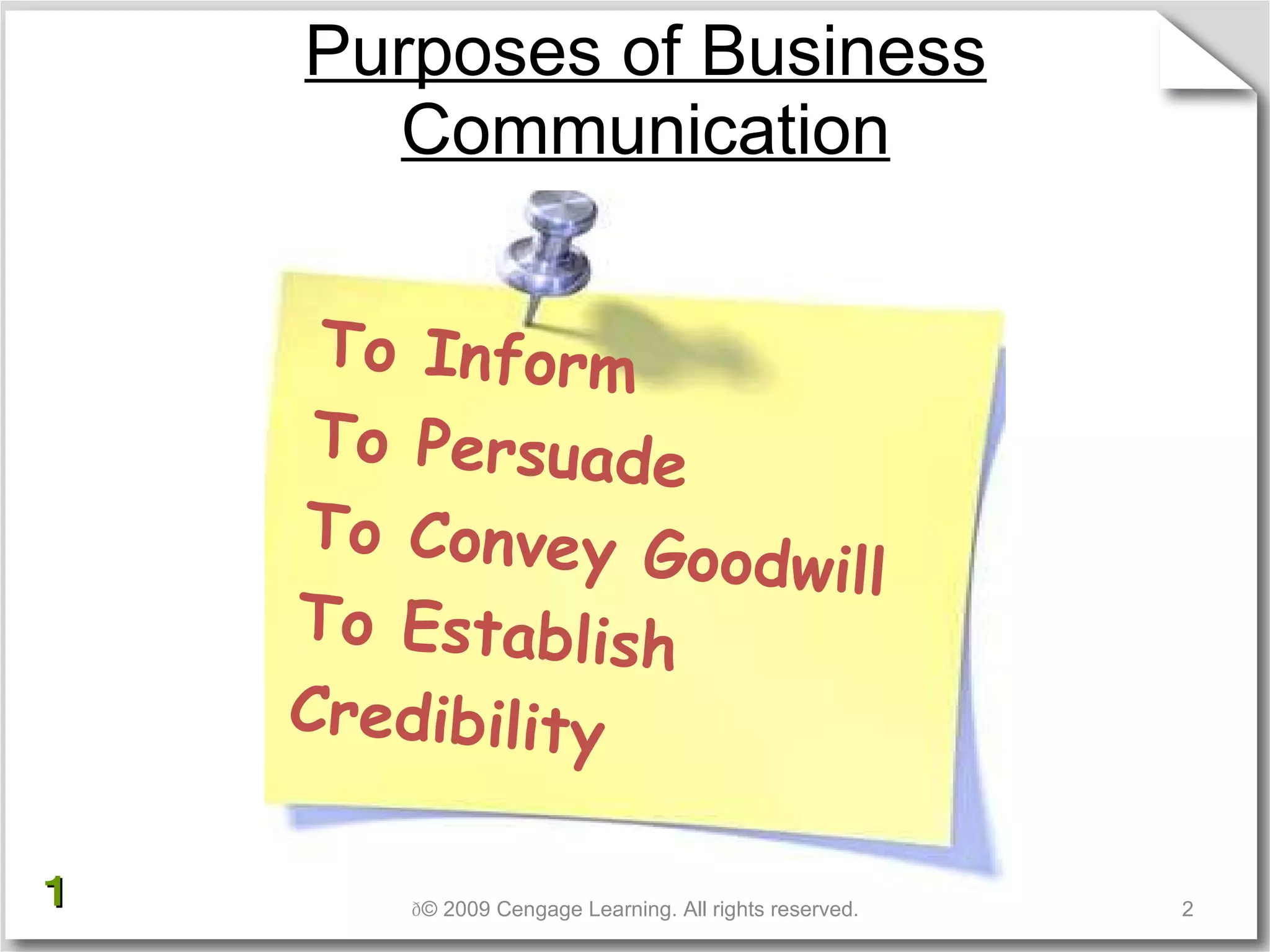 Purposes of Business Communication  © 2009 Cengage Learning. All rights reserved. To Inform To Persuade  To Convey Goodwill To Establish Credibility   1 