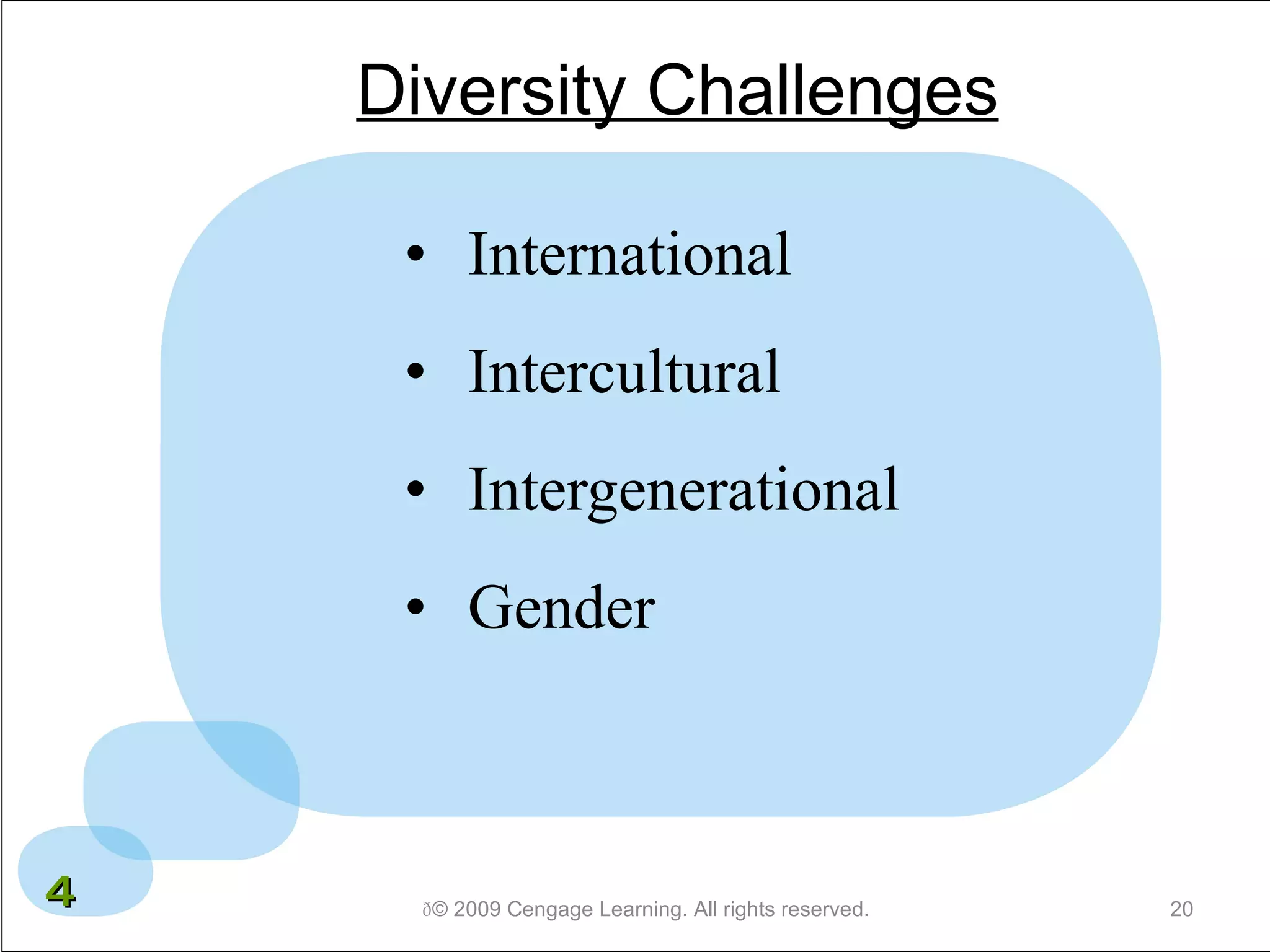 Diversity Challenges International Intercultural Intergenerational Gender  © 2009 Cengage Learning. All rights reserved. 4 