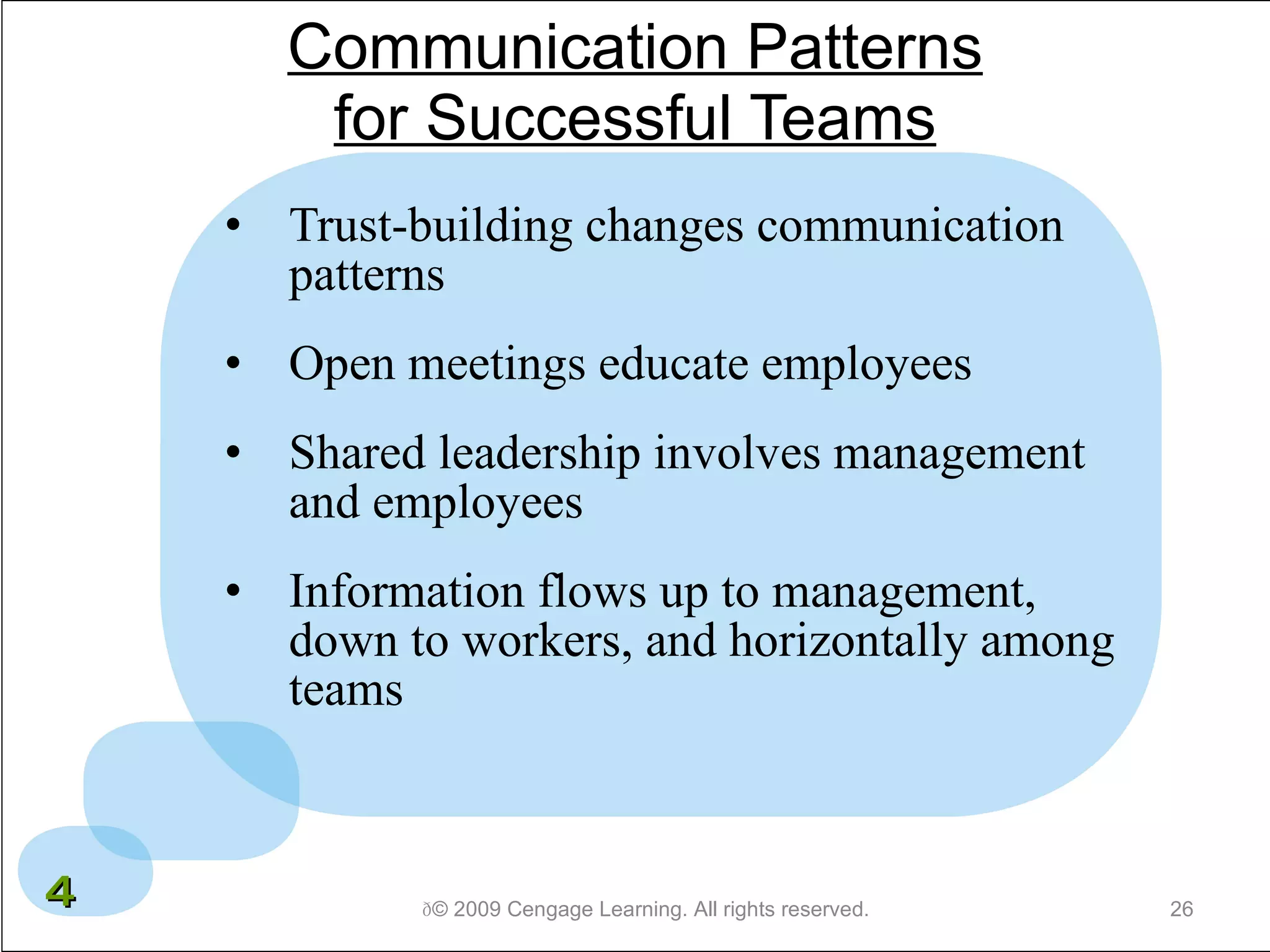 Communication Patterns for Successful Teams Trust-building changes communication  patterns Open meetings educate employees Shared leadership involves management and employees Information flows up to management, down to workers, and horizontally among teams  © 2009 Cengage Learning. All rights reserved. 4 
