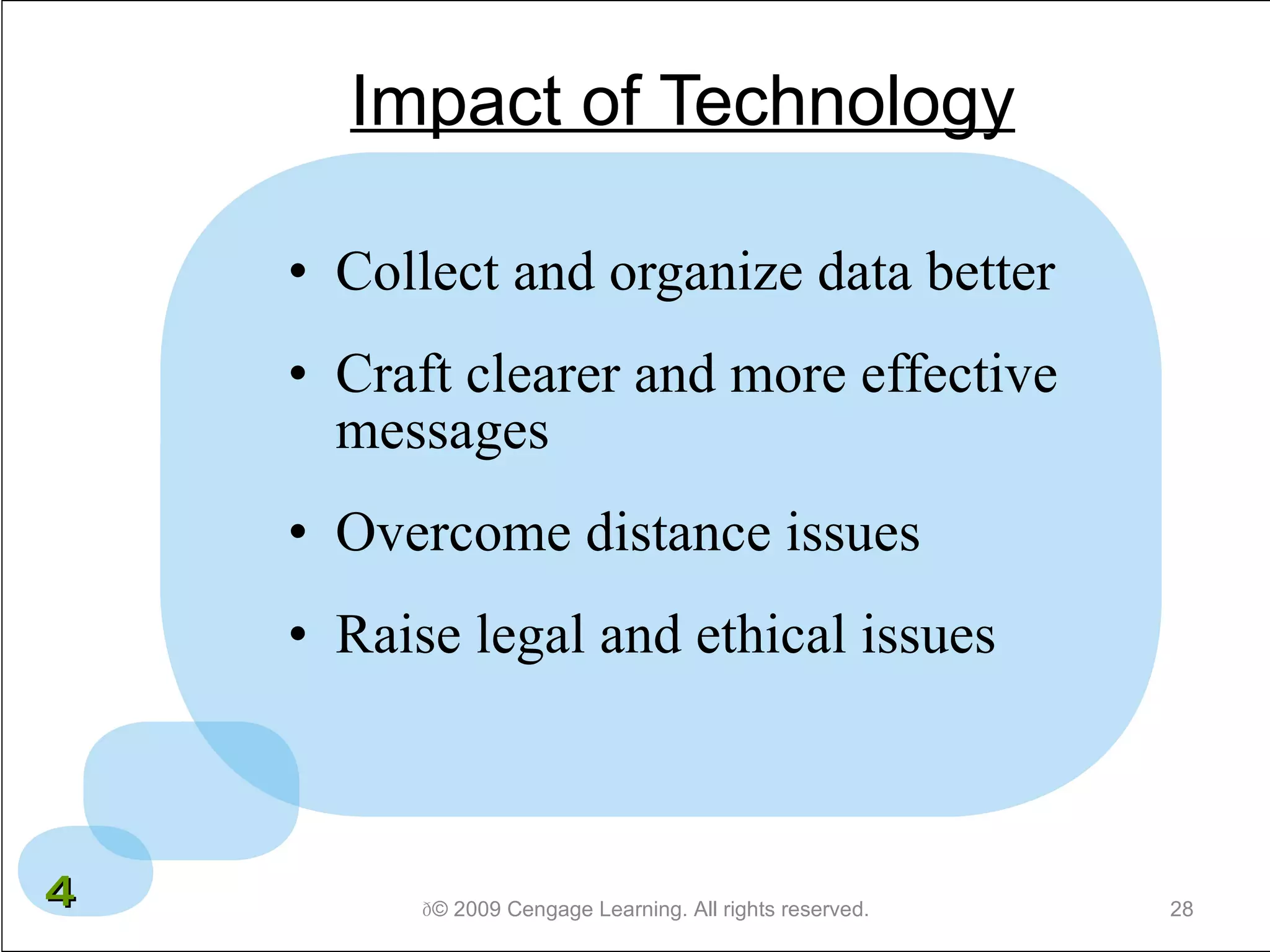 Impact of Technology Collect and organize data better Craft clearer and more effective messages Overcome distance issues Raise legal and ethical issues  © 2009 Cengage Learning. All rights reserved. 4 