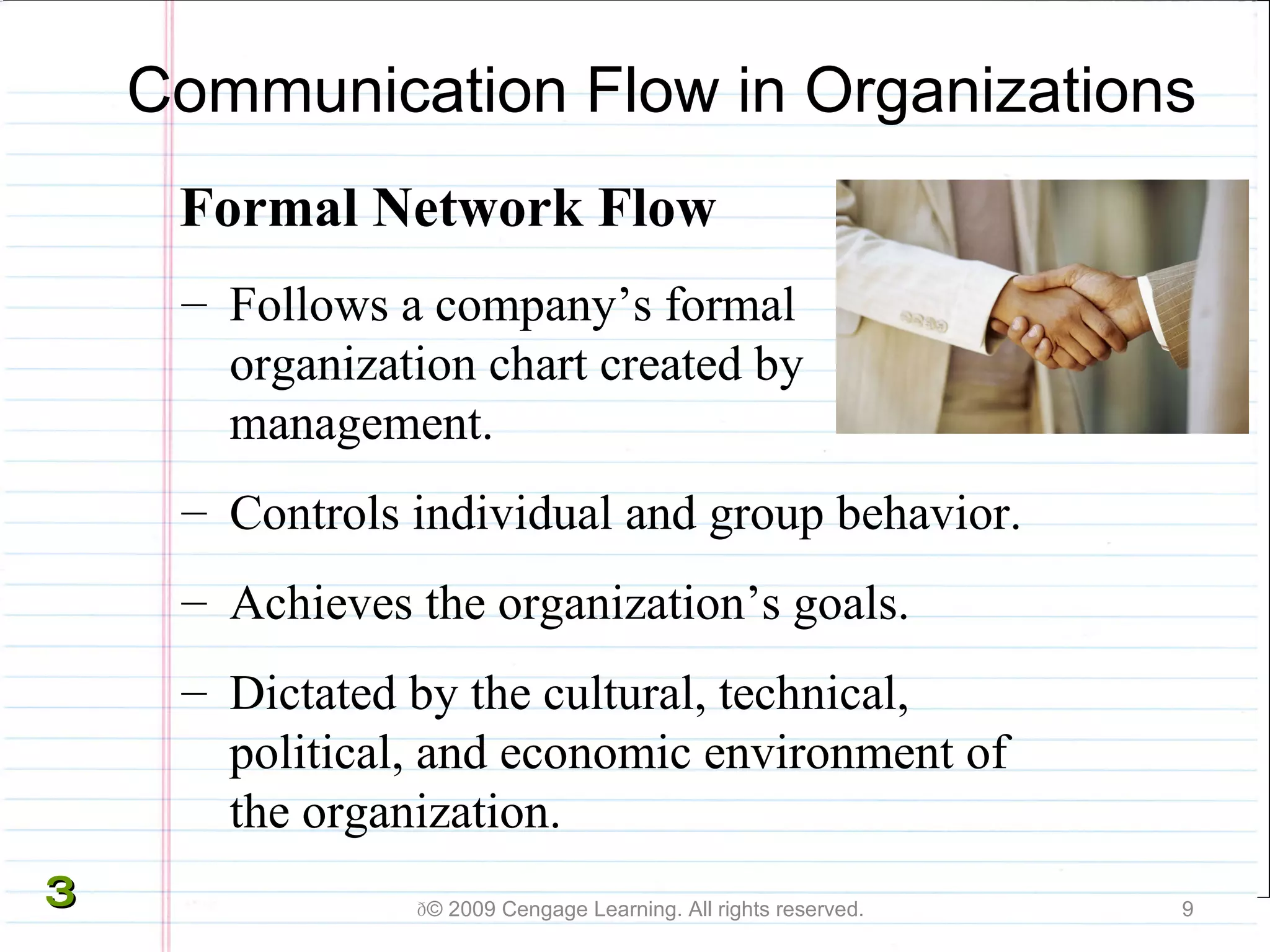 Communication Flow in Organizations Formal  Network Flow    © 2009 Cengage Learning. All rights reserved. Follows a company’s formal organization chart created by management. Controls individual and group behavior. Achieves the organization’s goals.  Dictated by the cultural, technical, political, and economic environment of the organization.  3 