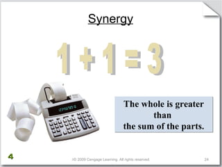 Synergy  © 2009 Cengage Learning. All rights reserved. 1 + 1 = 3 The whole is greater than  the sum of the parts. 4 