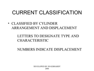 DEVELOPED BY JD GEBHARDT
2000
CURRENT CLASSIFICATION
• CLASSIFIED BY CYLINDER
ARRANGEMENT AND DISPLACEMENT
LETTERS TO DESIGNATE TYPE AND
CHARACTERISTIC
NUMBERS INDICATE DISPLACEMENT
 