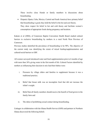 These involve close friends or family members in discussions about
breastfeeding.
• Hispanic (Spain, Cuba, Mexico, Central and South America) have primary belief
that breastfeeding is good; they hold the belief in the hot and cool theory.
They show respect for belief in hot and cold theory and facilitate women’s
consumption of appropriate foods during pregnancy and lactation.
Kakute et al (2004), of Cameroon Baptist Convention Health Board studied cultural
barriers to exclusive breastfeeding by mothers in a rural North West Province of
Cameroon.
Previous studies identified the prevalence of breastfeeding to be 90%. The objective of
the current study was identifying the extent of mixed feeding/supplementation and
cultural/social barriers to EBF.
All women surveyed introduced water and food supplementation prior to 6 months of age
with more than 38% giving water in the first month of life. Cultural Factors identified by
mothers as influencing their decision to mix feed their babies were:
i. Pressures by village elders and families to supplement because it was a
traditional practice;
ii. Belief that breast milk was an incomplete food that did not increase the
infant’s weight.
iii. Belief that all family members should receive the benefit of food grown in the
family farm and
iv. The taboo of prohibiting sexual contact during breastfeeding.
Linkages in collaboration with the Ghana Health Service (GHS) and partners in Northern
Ghana discovered the following beliefs:
18
 