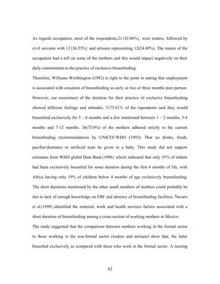 As regards occupation, most of the respondents,21{42.86%}, were traders, followed by
civil servants with 13{26.53%} and artisans representing 12(24.49%). The nature of the
occupation had a toll on some of the mothers and this would impact negatively on their
daily commitment to the practice of exclusive breastfeeding.
Therefore, Williams Worthington (1992) is right to the point in stating that employment
is associated with cessation of breastfeeding as early as two or three months post partum.
However, our assessment of the duration for their practice of exclusive breastfeeding
showed different feelings and attitudes. 3{75.0}% of the rspondents said they would
breastfeed exclusively for 5 – 6 months and a few mentioned between 1 – 2 months, 3-4
months and 7-12 months. 36(75.0%) of the mothers adhered strictly to the current
breastfeeding recommendations by UNICEF/WHO (1993): That no drinks, foods,
pacifier/dummies or artificial teats be given to a baby. This study did not support
estimates from WHO global Data Bank{1996} which indicated that only 35% of infants
had been exclusively breastfed for some duration during the first 4 months of life, with
Africa having only 19% of children below 4 months of age exclusively breastfeeding.
The short durations mentioned by the other small numbers of mothers could probably be
due to lack of enough knowledge on EBF and absence of breastfeeding facilities. Navaro
et al{1999};identified the material, work and health services factors associated with a
short duration of breastfeeding among a cross section of working mothers in Mexico.
The study suggested that the comparison between mothers working in the formal sector
to those working in the non-formal sector (traders and artisans) show that, the latter
breastfed exclusively as compared with those who work in the formal sector. A nursing
62
 