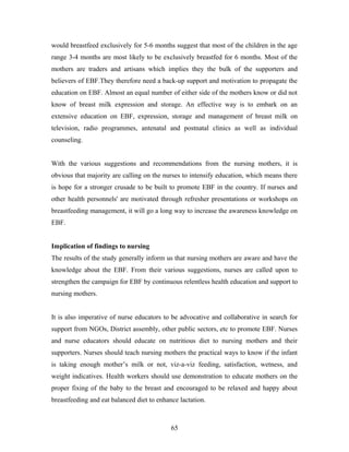 would breastfeed exclusively for 5-6 months suggest that most of the children in the age
range 3-4 months are most likely to be exclusively breastfed for 6 months. Most of the
mothers are traders and artisans which implies they the bulk of the supporters and
believers of EBF.They therefore need a back-up support and motivation to propagate the
education on EBF. Almost an equal number of either side of the mothers know or did not
know of breast milk expression and storage. An effective way is to embark on an
extensive education on EBF, expression, storage and management of breast milk on
television, radio programmes, antenatal and postnatal clinics as well as individual
counseling.
With the various suggestions and recommendations from the nursing mothers, it is
obvious that majority are calling on the nurses to intensify education, which means there
is hope for a stronger crusade to be built to promote EBF in the country. If nurses and
other health personnels' are motivated through refresher presentations or workshops on
breastfeeding management, it will go a long way to increase the awareness knowledge on
EBF.
Implication of findings to nursing
The results of the study generally inform us that nursing mothers are aware and have the
knowledge about the EBF. From their various suggestions, nurses are called upon to
strengthen the campaign for EBF by continuous relentless health education and support to
nursing mothers.
It is also imperative of nurse educators to be advocative and collaborative in search for
support from NGOs, District assembly, other public sectors, etc to promote EBF. Nurses
and nurse educators should educate on nutritious diet to nursing mothers and their
supporters. Nurses should teach nursing mothers the practical ways to know if the infant
is taking enough mother’s milk or not, viz-a-viz feeding, satisfaction, wetness, and
weight indicatives. Health workers should use demonstration to educate mothers on the
proper fixing of the baby to the breast and encouraged to be relaxed and happy about
breastfeeding and eat balanced diet to enhance lactation.
65
 