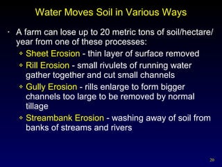 Water Moves Soil in Various Ways A farm can lose up to 20 metric tons of soil/hectare/year from one of these processes: Sheet Erosion  - thin layer of surface removed Rill Erosion  - small rivulets of running water gather together and cut small channels Gully Erosion  - rills enlarge to form bigger channels too large to be removed by normal tillage Streambank Erosion  - washing away of soil from banks of streams and rivers 