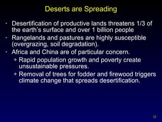 Deserts are Spreading Desertification of productive lands threatens 1/3 of the earth’s surface and over 1 billion people Rangelands and pastures are highly susceptible (overgrazing, soil degradation). Africa and China are of particular concern. Rapid population growth and poverty create unsustainable pressures. Removal of trees for fodder and firewood triggers climate change that spreads desertification.  