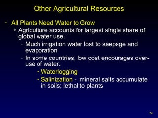 Other Agricultural Resources All Plants Need Water to Grow Agriculture accounts for largest single share of global water use. Much irrigation water lost to seepage and evaporation In some countries, low cost encourages over-use of water. Waterlogging Salinization  -  mineral salts accumulate in soils; lethal to plants 