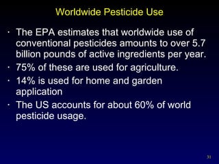 Worldwide Pesticide Use The EPA estimates that worldwide use of conventional pesticides amounts to over 5.7 billion pounds of active ingredients per year. 75% of these are used for agriculture. 14% is used for home and garden application The US accounts for about 60% of world pesticide usage. 