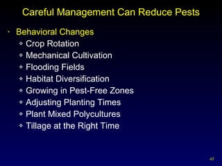 Careful Management Can Reduce Pests Behavioral Changes Crop Rotation Mechanical Cultivation Flooding Fields Habitat Diversification Growing in Pest-Free Zones Adjusting Planting Times Plant Mixed Polycultures Tillage at the Right Time 