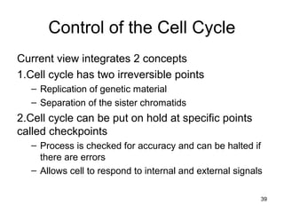 39
Control of the Cell Cycle
Current view integrates 2 concepts
1.Cell cycle has two irreversible points
– Replication of genetic material
– Separation of the sister chromatids
2.Cell cycle can be put on hold at specific points
called checkpoints
– Process is checked for accuracy and can be halted if
there are errors
– Allows cell to respond to internal and external signals
 