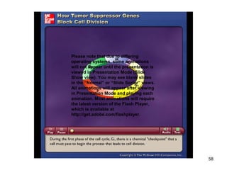 58
Please note that due to differing
operating systems, some animations
will not appear until the presentation is
viewed in Presentation Mode (Slide
Show view). You may see blank slides
in the “Normal” or “Slide Sorter” views.
All animations will appear after viewing
in Presentation Mode and playing each
animation. Most animations will require
the latest version of the Flash Player,
which is available at
http://get.adobe.com/flashplayer.
 