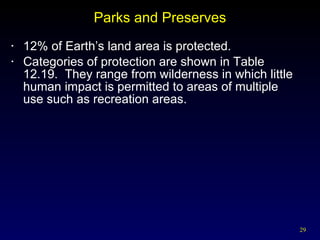 Parks and Preserves 12% of Earth’s land area is protected. Categories of protection are shown in Table 12.19.  They range from wilderness in which little human impact is permitted to areas of multiple use such as recreation areas. 