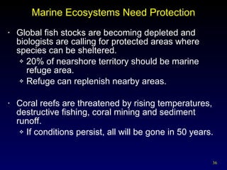 Marine Ecosystems Need Protection Global fish stocks are becoming depleted and biologists are calling for protected areas where species can be sheltered. 20% of nearshore territory should be marine refuge area. Refuge can replenish nearby areas. Coral reefs are threatened by rising temperatures, destructive fishing, coral mining and sediment runoff. If conditions persist, all will be gone in 50 years. 