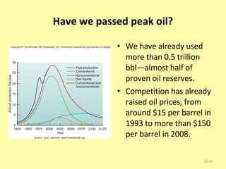 Have we passed peak oil? We have already used more than 0.5 trillion bbl—almost half of proven oil reserves. Competition has already raised oil prices, from around $15 per barrel in 1993 to more than  $150 per barrel in 2008. 12- 