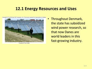 12.1 Energy Resources and Uses Throughout Denmark, the state has subsidized wind power research, so that now Danes are world leaders in this fast-growing industry. 12- 