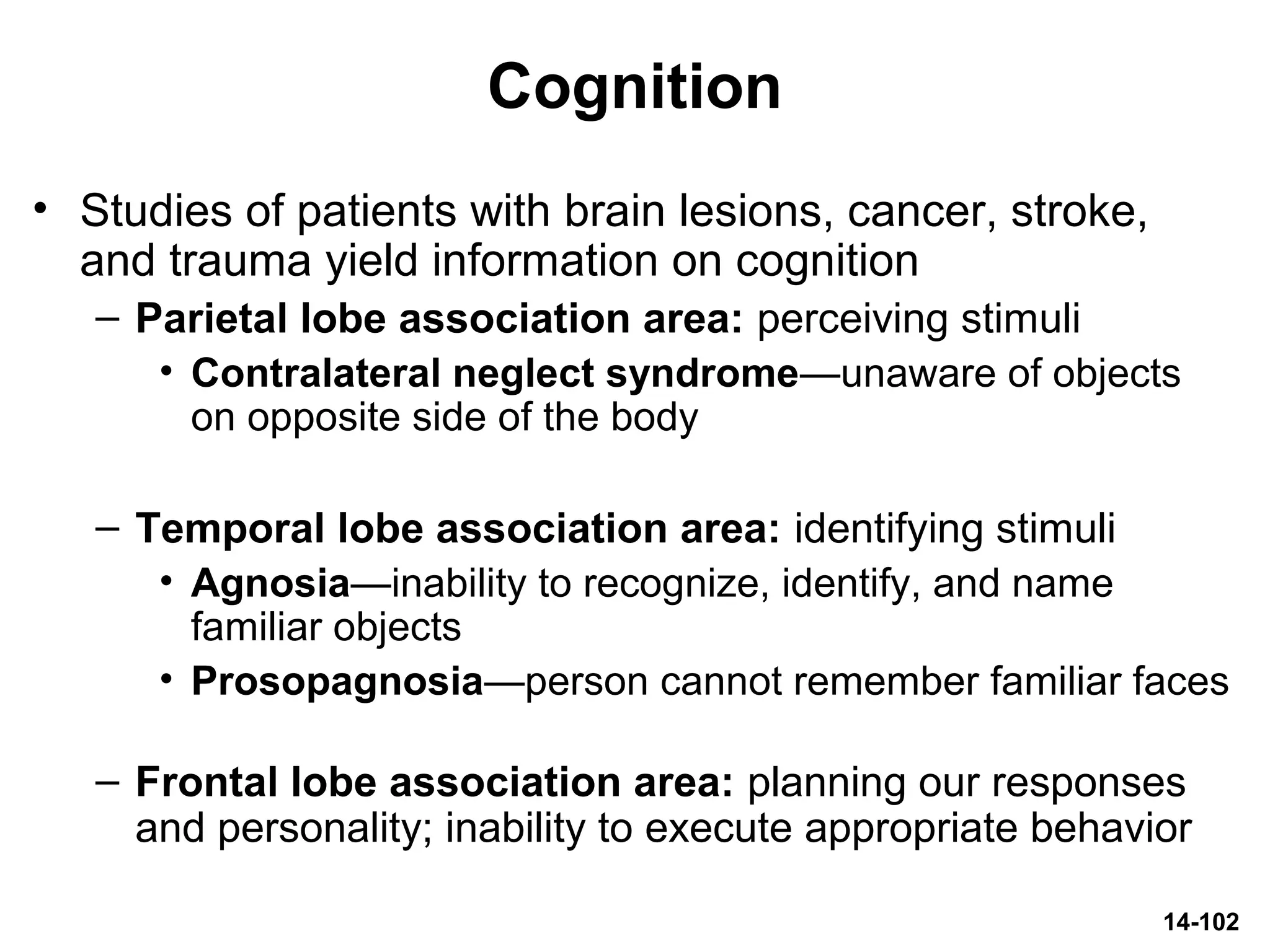 14-102
Cognition
• Studies of patients with brain lesions, cancer, stroke,
and trauma yield information on cognition
– Parietal lobe association area: perceiving stimuli
• Contralateral neglect syndrome—unaware of objects
on opposite side of the body
– Temporal lobe association area: identifying stimuli
• Agnosia—inability to recognize, identify, and name
familiar objects
• Prosopagnosia—person cannot remember familiar faces
– Frontal lobe association area: planning our responses
and personality; inability to execute appropriate behavior
 