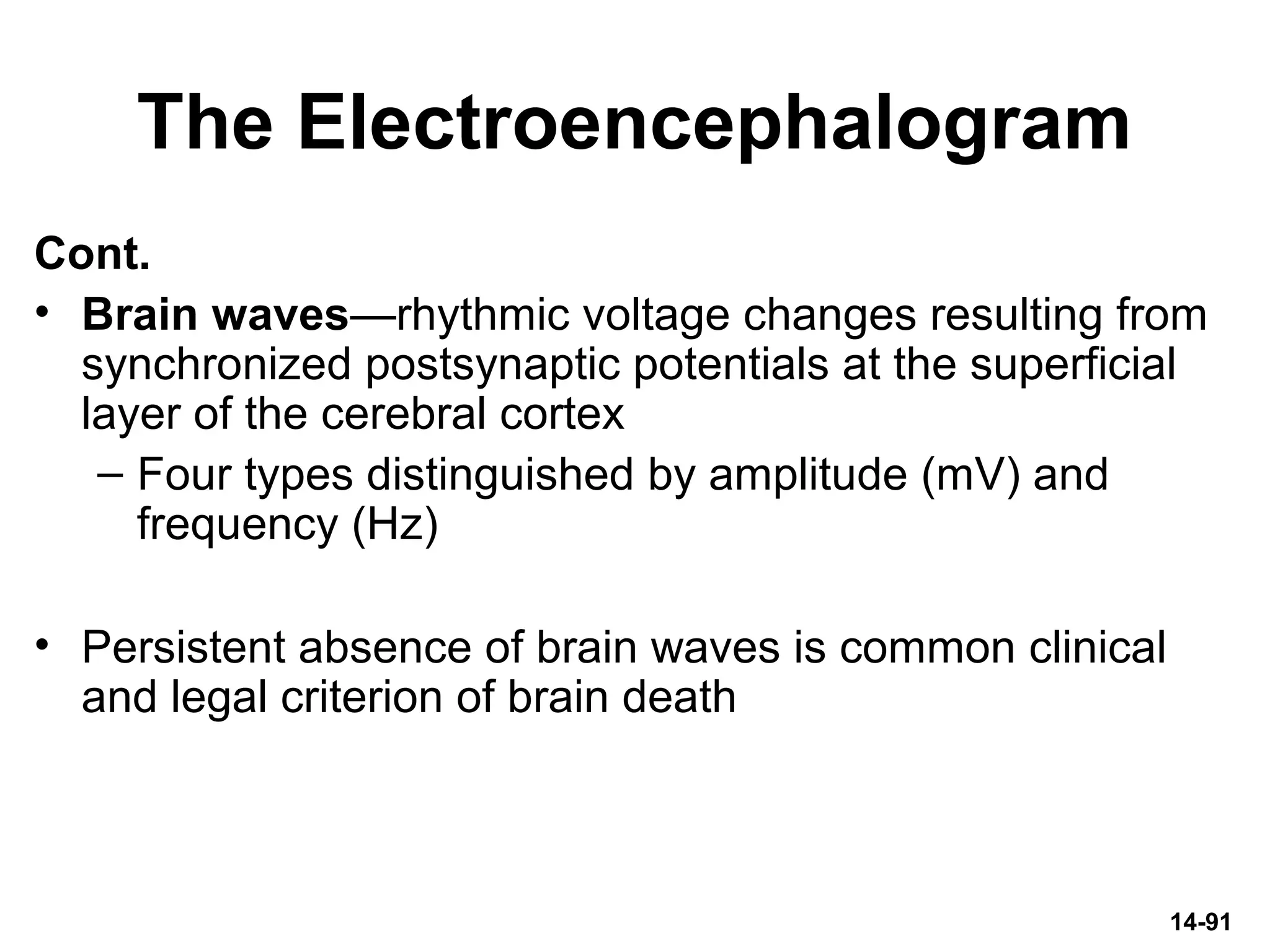 The Electroencephalogram
Cont.
• Brain waves—rhythmic voltage changes resulting from
synchronized postsynaptic potentials at the superficial
layer of the cerebral cortex
– Four types distinguished by amplitude (mV) and
frequency (Hz)
• Persistent absence of brain waves is common clinical
and legal criterion of brain death
14-91
 