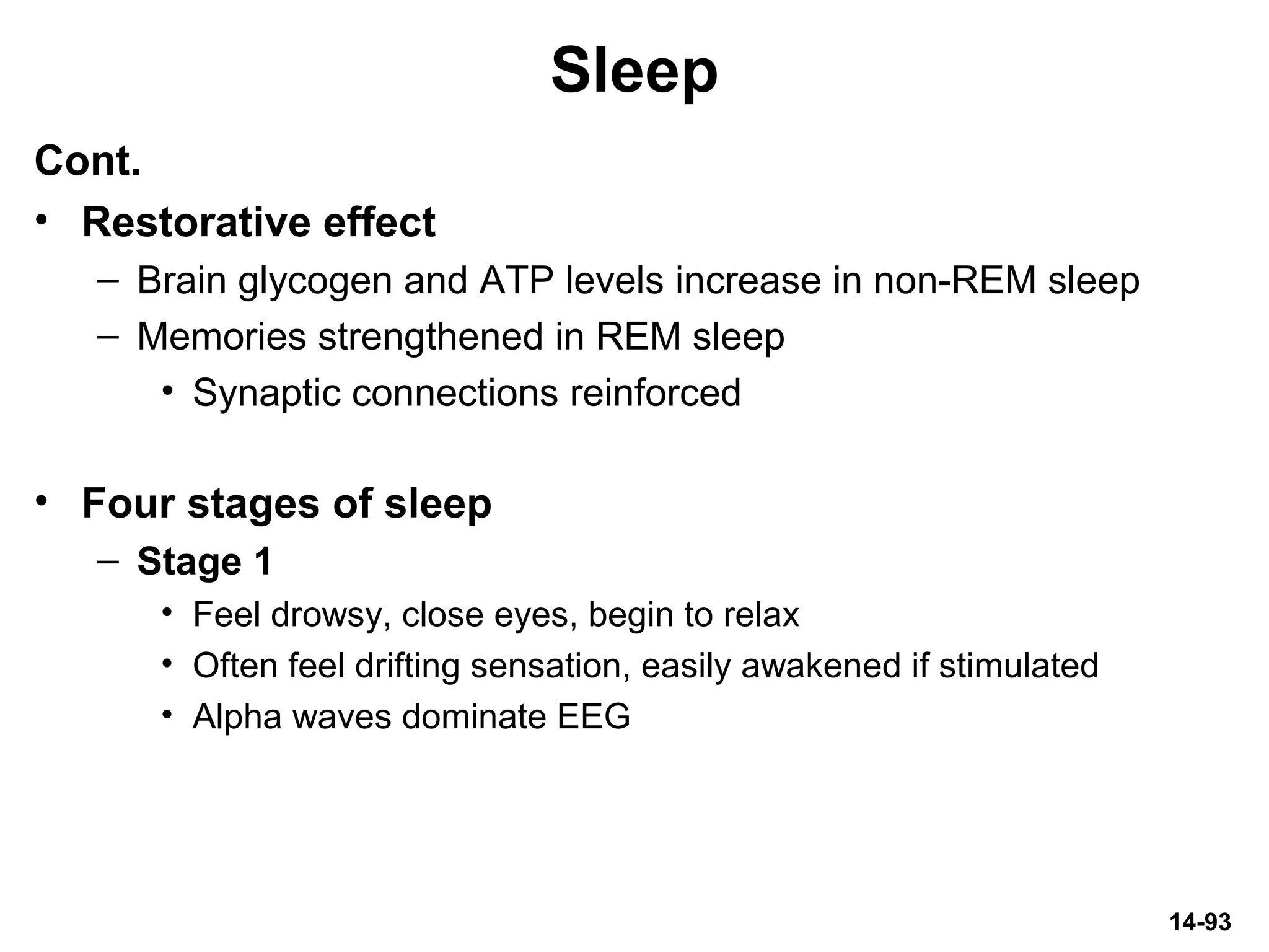 14-93
Sleep
Cont.
• Restorative effect
– Brain glycogen and ATP levels increase in non-REM sleep
– Memories strengthened in REM sleep
• Synaptic connections reinforced
• Four stages of sleep
– Stage 1
• Feel drowsy, close eyes, begin to relax
• Often feel drifting sensation, easily awakened if stimulated
• Alpha waves dominate EEG
 