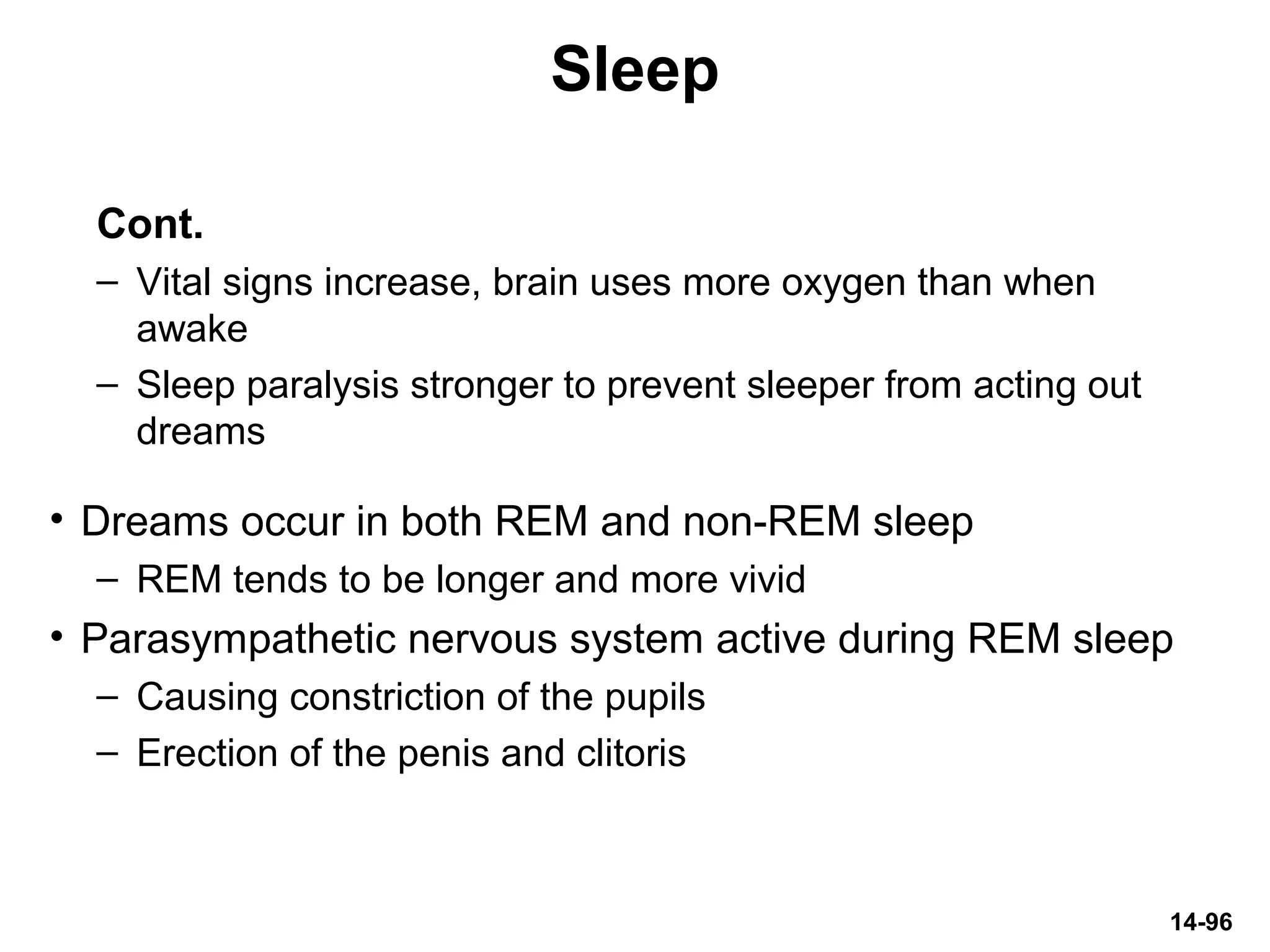 14-96
Sleep
Cont.
– Vital signs increase, brain uses more oxygen than when
awake
– Sleep paralysis stronger to prevent sleeper from acting out
dreams
• Dreams occur in both REM and non-REM sleep
– REM tends to be longer and more vivid
• Parasympathetic nervous system active during REM sleep
– Causing constriction of the pupils
– Erection of the penis and clitoris
 