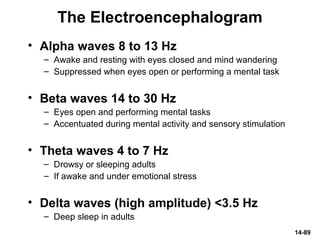 14-89
The Electroencephalogram
• Alpha waves 8 to 13 Hz
– Awake and resting with eyes closed and mind wandering
– Suppressed when eyes open or performing a mental task
• Beta waves 14 to 30 Hz
– Eyes open and performing mental tasks
– Accentuated during mental activity and sensory stimulation
• Theta waves 4 to 7 Hz
– Drowsy or sleeping adults
– If awake and under emotional stress
• Delta waves (high amplitude) <3.5 Hz
– Deep sleep in adults
 