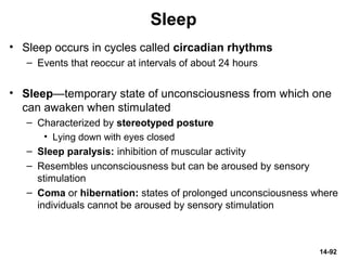 14-92
Sleep
• Sleep occurs in cycles called circadian rhythms
– Events that reoccur at intervals of about 24 hours
• Sleep—temporary state of unconsciousness from which one
can awaken when stimulated
– Characterized by stereotyped posture
• Lying down with eyes closed
– Sleep paralysis: inhibition of muscular activity
– Resembles unconsciousness but can be aroused by sensory
stimulation
– Coma or hibernation: states of prolonged unconsciousness where
individuals cannot be aroused by sensory stimulation
 