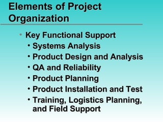 Elements of Project Organization Key Functional Support Systems Analysis Product Design and Analysis QA and Reliability Product Planning Product Installation and Test Training, Logistics Planning, and Field Support 
