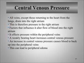 Central Venous Pressure All veins, except those returning to the heart from the lungs, drain into the right atrium This is therefore pressure in the right atrium Factors that influence it alter flow of blood into the right atrium It effects pressure within the peripheral veins A weakly beating heart increases central venous pressure An increase in central venous pressure causes blood to back up into the peripheral veins This can lead to peripheral edema 