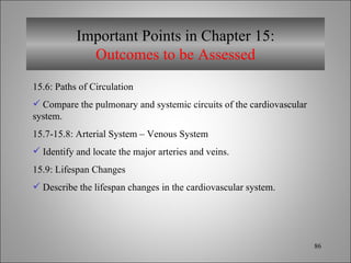 Important Points in Chapter 15: Outcomes to be Assessed 15.6: Paths of Circulation Compare the pulmonary and systemic circuits of the cardiovascular system. 15.7-15.8: Arterial System – Venous System Identify and locate the major arteries and veins. 15.9: Lifespan Changes Describe the lifespan changes in the cardiovascular system. 