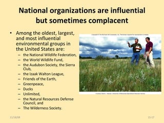 National organizations are influential but sometimes complacent Among the oldest, largest, and most influential environmental groups in the United States are: the National Wildlife Federation, the World Wildlife Fund,  the Audubon Society, the Sierra Club, the Izaak Walton League,  Friends of the Earth,  Greenpeace,  Ducks Unlimited,  the Natural Resources Defense Council, and  The Wilderness Society. 06/06/09 15- 