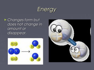 EnergyEnergy
► Changes form butChanges form but
does not change indoes not change in
amount oramount or
disappear.disappear.
 