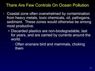 There Are Few Controls On Ocean Pollution Coastal zone often overwhelmed by contamination from heavy metals, toxic chemicals, oil, pathogens, sediment.  These zones would otherwise be among most productive. Discarded plastics are non-biodegradable, last for years, and are carried by currents around the world. Often ensnare bird and mammals, choking them 