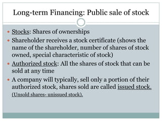Long-term Financing: Public sale of stock
 Stocks: Shares of ownerships
 Shareholder receives a stock certificate (shows the

name of the shareholder, number of shares of stock
owned, special characteristic of stock)
 Authorized stock: All the shares of stock that can be
sold at any time
 A company will typically, sell only a portion of their
authorized stock, shares sold are called issued stock.
(Unsold shares- unissued stock).

 