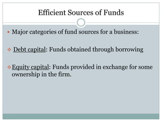 Efficient Sources of Funds
 Major categories of fund sources for a business:
 Debt capital: Funds obtained through borrowing
 Equity capital: Funds provided in exchange for some

ownership in the firm.

 