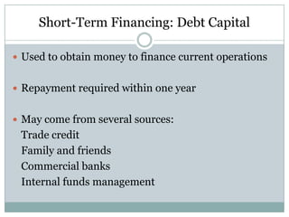 Short-Term Financing: Debt Capital
 Used to obtain money to finance current operations
 Repayment required within one year
 May come from several sources:

Trade credit
Family and friends
Commercial banks
Internal funds management

 