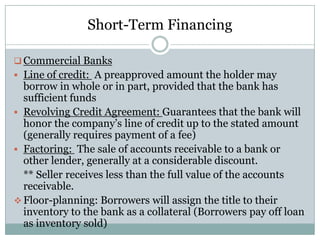 Short-Term Financing
 Commercial Banks
 Line of credit: A preapproved amount the holder may

borrow in whole or in part, provided that the bank has
sufficient funds
 Revolving Credit Agreement: Guarantees that the bank will
honor the company’s line of credit up to the stated amount
(generally requires payment of a fee)
 Factoring: The sale of accounts receivable to a bank or
other lender, generally at a considerable discount.
** Seller receives less than the full value of the accounts
receivable.
 Floor-planning: Borrowers will assign the title to their
inventory to the bank as a collateral (Borrowers pay off loan
as inventory sold)

 