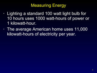 Measuring Energy Lighting a standard 100 watt light bulb for  10 hours uses 1000 watt-hours of power or  1 kilowatt-hour. The average American home uses 11,000 kilowatt-hours of electricity per year. 
