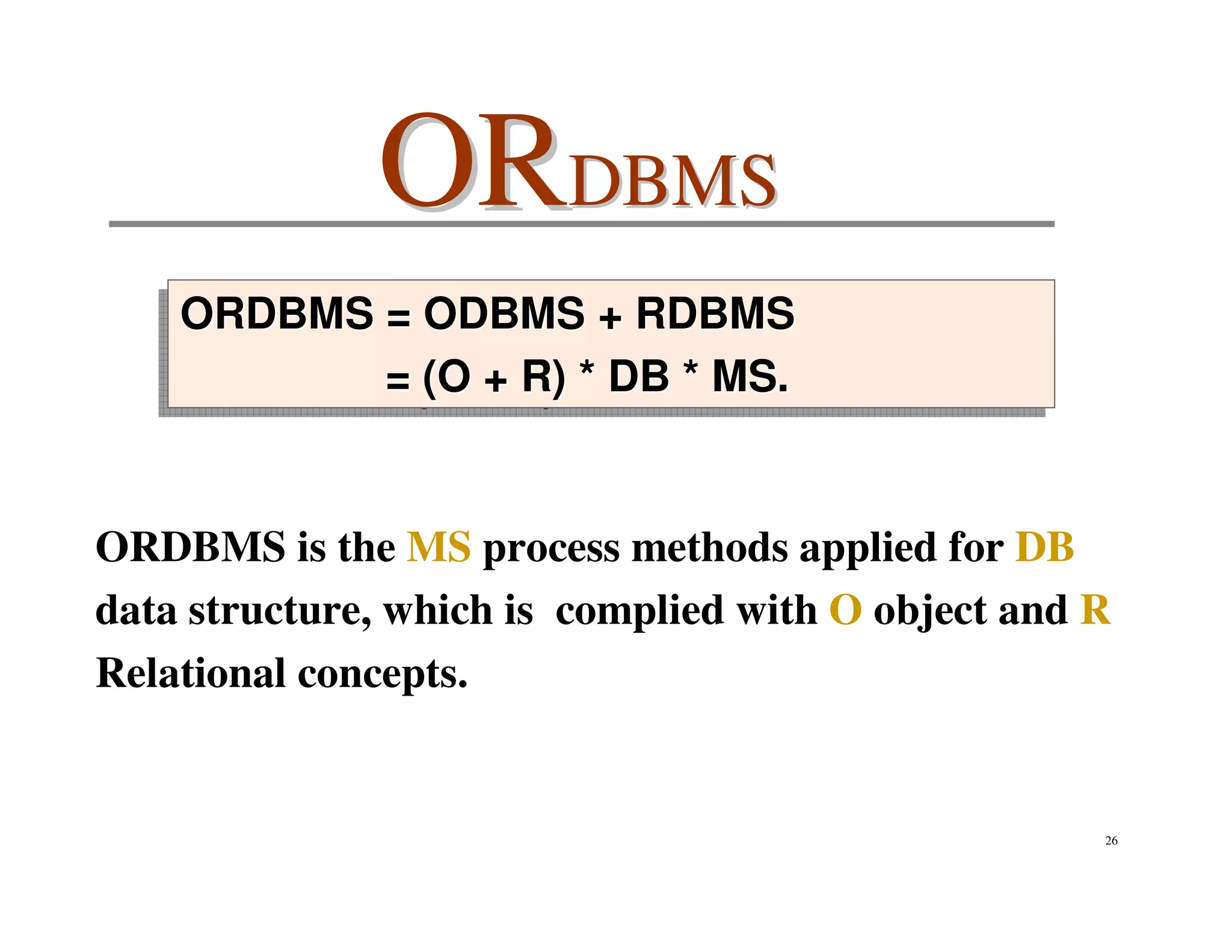ORDBMS
   ORDBMS = ODBMS + RDBMS
   ORDBMS = ODBMS + RDBMS
          = (O + R) ** DB ** MS.
          = (O + R) DB MS.


ORDBMS is the MS process methods applied for DB
data structure, which is complied with O object and R
Relational concepts.


                                                    26
 
