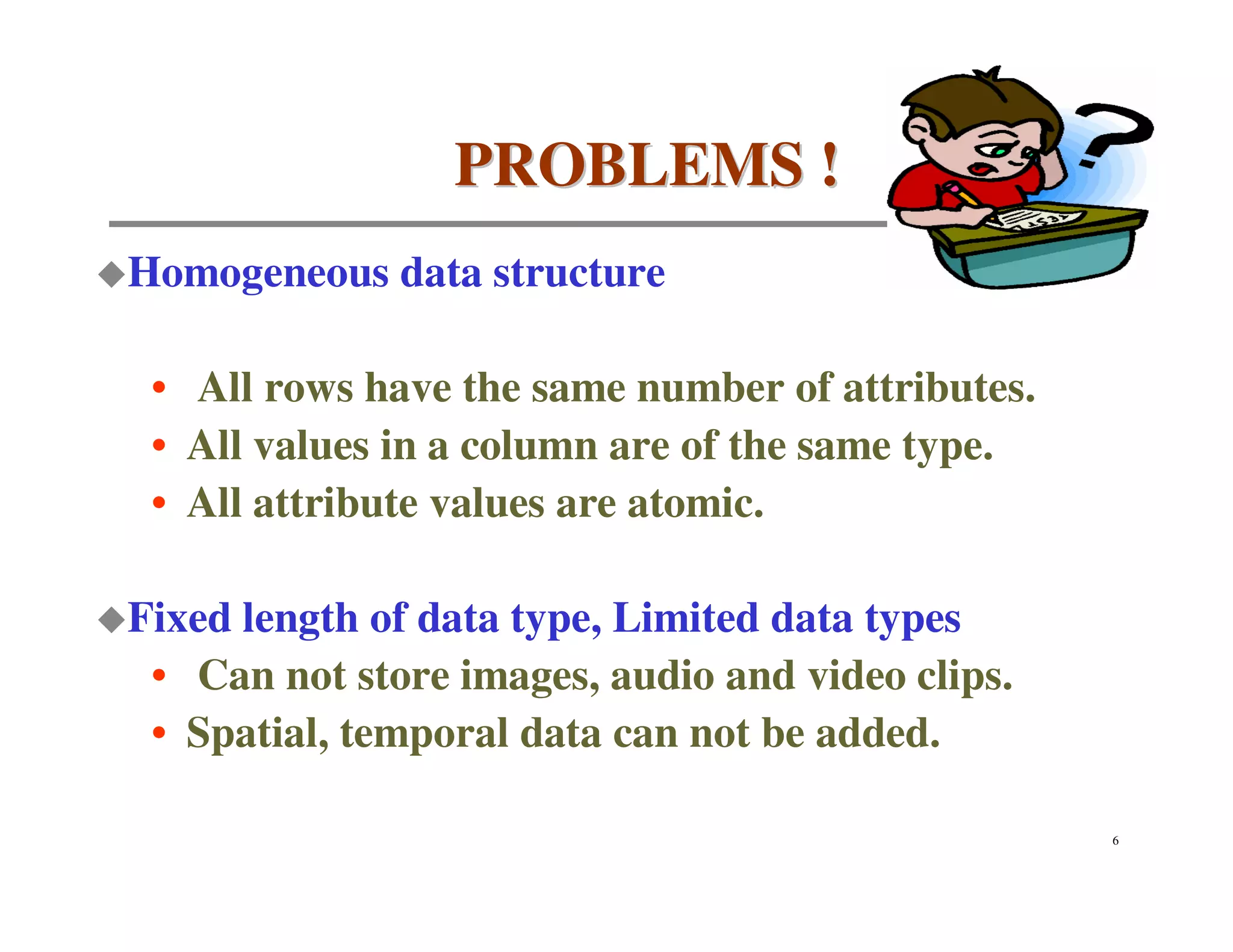 PROBLEMS !
Homogeneous data structure

 • All rows have the same number of attributes.
 • All values in a column are of the same type.
 • All attribute values are atomic.

Fixed length of data type, Limited data types
 • Can not store images, audio and video clips.
 • Spatial, temporal data can not be added.

                                                  6
 