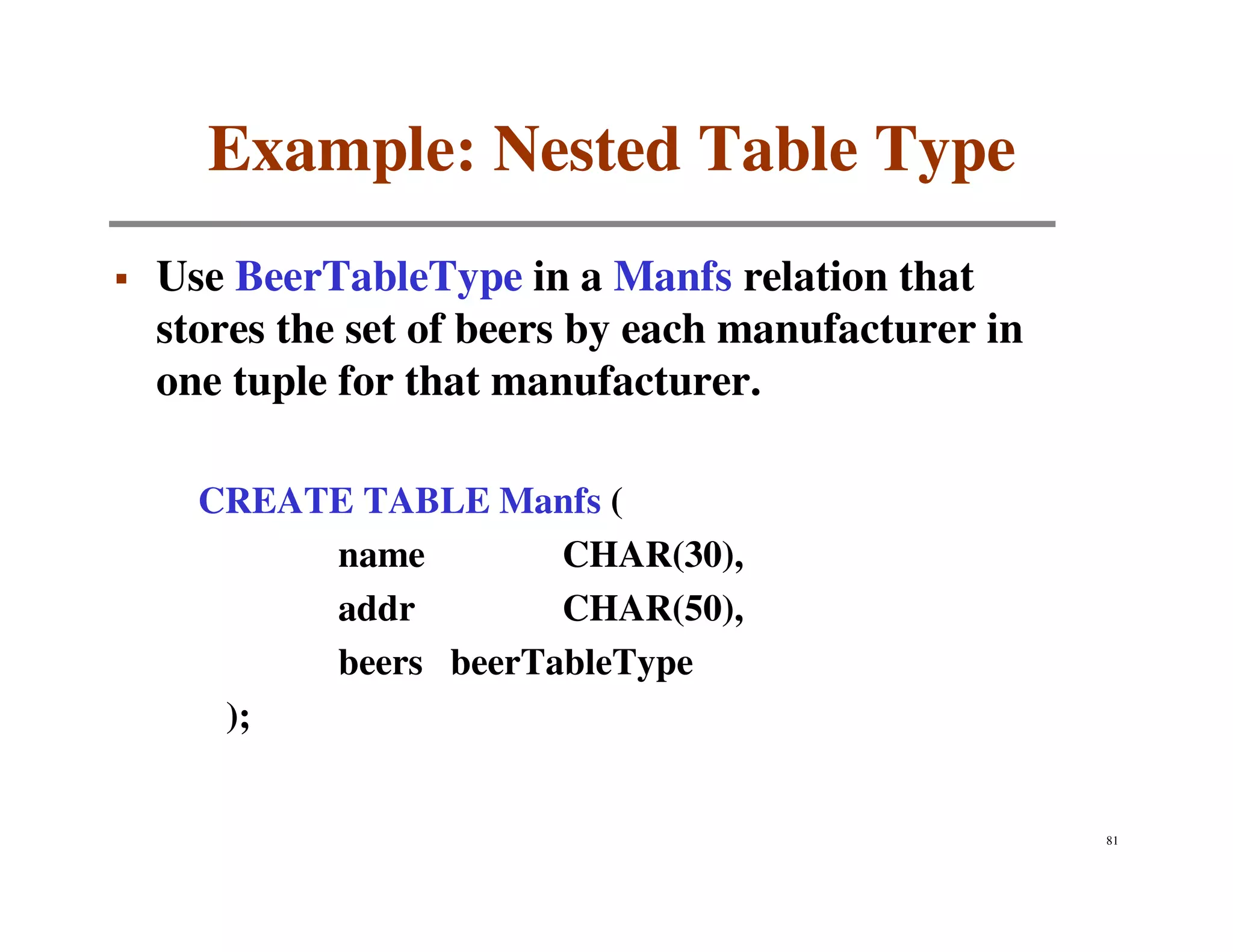 Example: Nested Table Type
Use BeerTableType in a Manfs relation that
stores the set of beers by each manufacturer in
one tuple for that manufacturer.

  CREATE TABLE Manfs (
       name        CHAR(30),
       addr        CHAR(50),
       beers beerTableType
   );


                                                  81
 