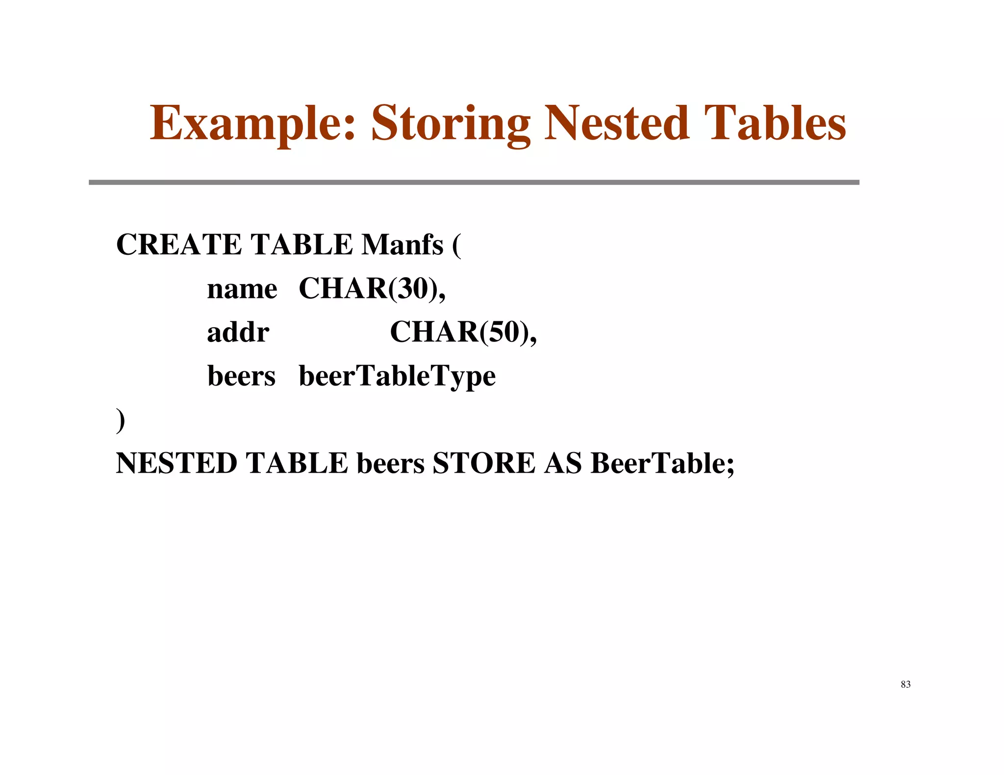 Example: Storing Nested Tables

CREATE TABLE Manfs (
     name CHAR(30),
     addr        CHAR(50),
     beers beerTableType
)
NESTED TABLE beers STORE AS BeerTable;




                                         83
 