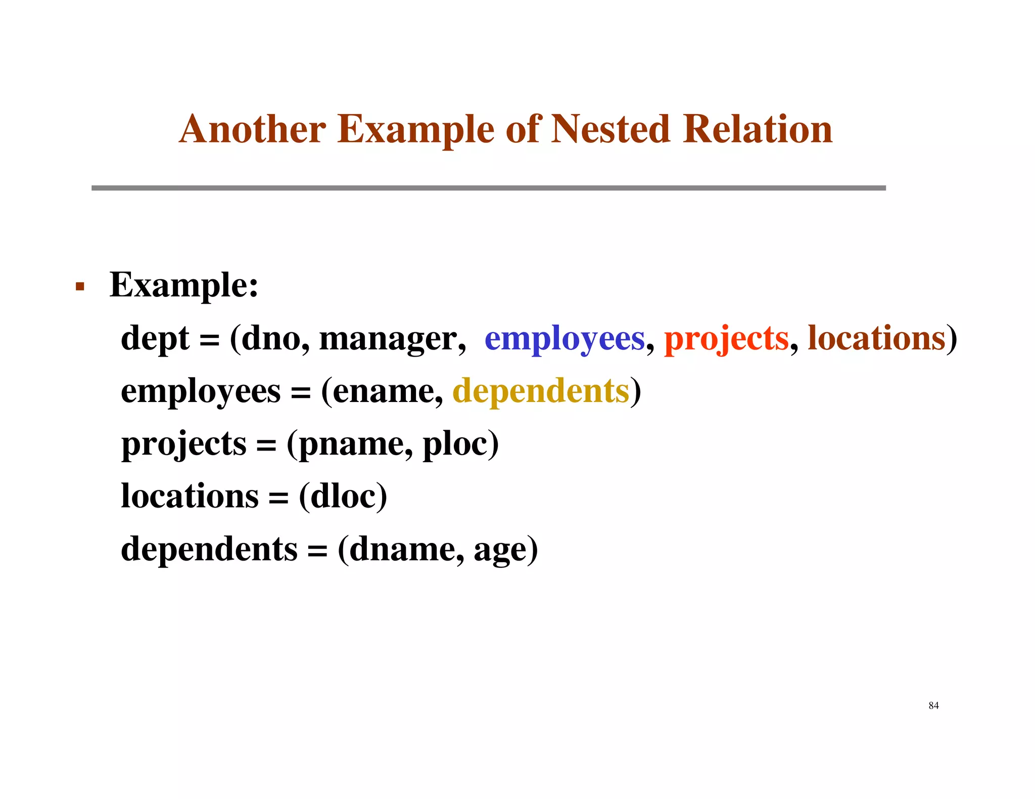 Another Example of Nested Relation


Example:
dept = (dno, manager, employees, projects, locations)
employees = (ename, dependents)
projects = (pname, ploc)
locations = (dloc)
dependents = (dname, age)



                                                   84
 