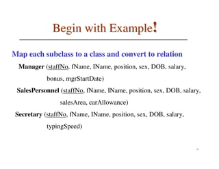 Begin with Example!

Map each subclass to a class and convert to relation
  Manager (staffNo, fName, IName, position, sex, DOB, salary,
            bonus, mgrStartDate)
 SalesPersonnel (staffNo, fName, IName, position, sex, DOB, salary,
                 salesArea, carAllowance)
 Secretary (staffNo, fName, IName, position, sex, DOB, salary,
            typingSpeed)


                                                                 11
 