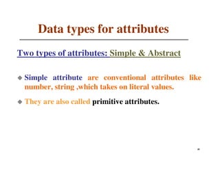 Data types for attributes
Two types of attributes: Simple & Abstract

 Simple attribute are conventional attributes like
 number, string ,which takes on literal values.
 They are also called primitive attributes.




                                                40
                                                21
 