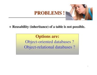 PROBLEMS !

Reusability (inheritance) of a table is not possible.

              Options are:
        Object-oriented databases ?
        Object-relational databases ?



                                                        7
 