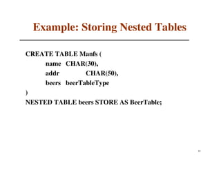 Example: Storing Nested Tables

CREATE TABLE Manfs (
     name CHAR(30),
     addr        CHAR(50),
     beers beerTableType
)
NESTED TABLE beers STORE AS BeerTable;




                                         83
 