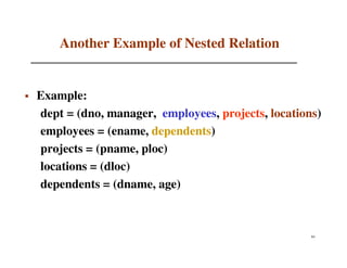 Another Example of Nested Relation


Example:
dept = (dno, manager, employees, projects, locations)
employees = (ename, dependents)
projects = (pname, ploc)
locations = (dloc)
dependents = (dname, age)



                                                   84
 