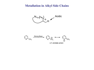 Metallation in Alkyl Side Chains


          N                            Acidic
                        n
                            H




          Strong Base
N   CH3                     N   CH2                  N   CH2

                                c.f. enolate anion
 